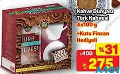KAHVE DÜNYASI TÜRK KAHVESİ 4X100 G + KUTU FİNCAN HEDİYELİ fiyat ve kampanya bilgisi